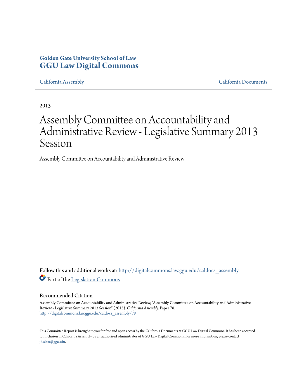 Assembly Committee on Accountability and Administrative Review - Legislative Summary 2013 Session Assembly Committee on Accountability and Administrative Review