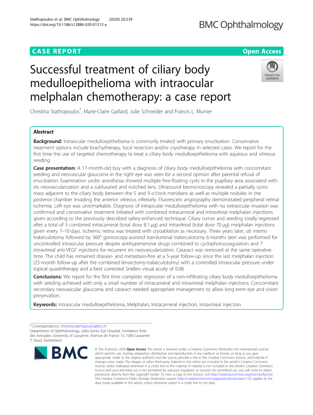 Successful Treatment of Ciliary Body Medulloepithelioma with Intraocular