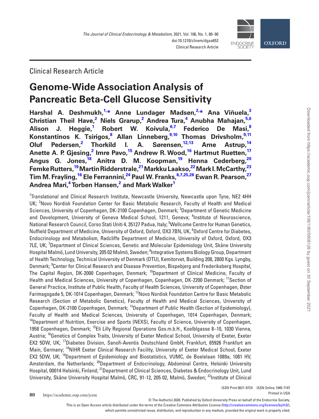 Genome-Wide Association Analysis of Pancreatic Beta-Cell Glucose