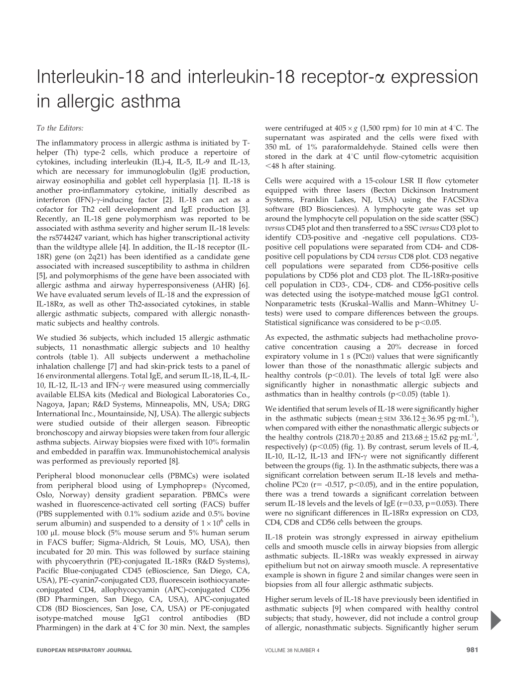 Interleukin-18 and Interleukin-18 Receptor-A Expression in Allergic Asthma