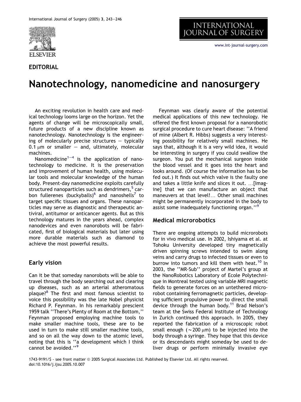 Nanotechnology, Nanomedicine and Nanosurgery