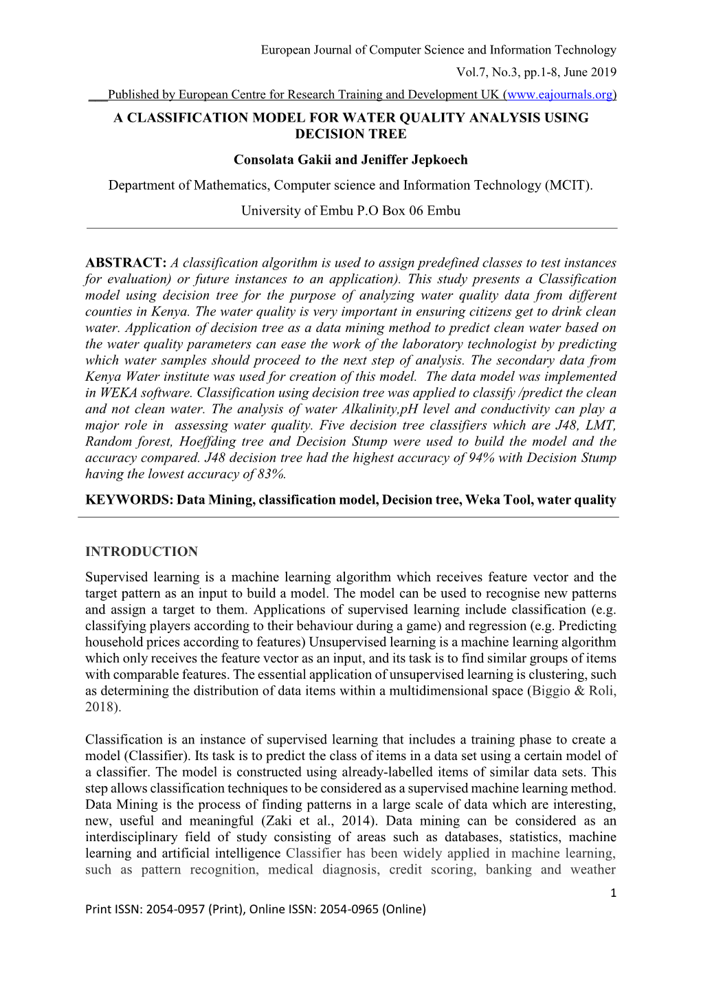 A Classification Model for Water Quality Analysis