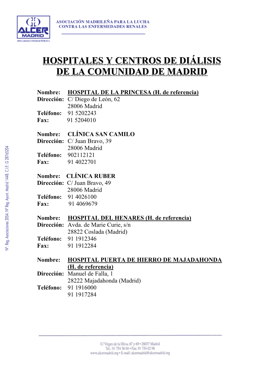 Hospitales Y Centros De Diálisis De La Comunidad De Madrid