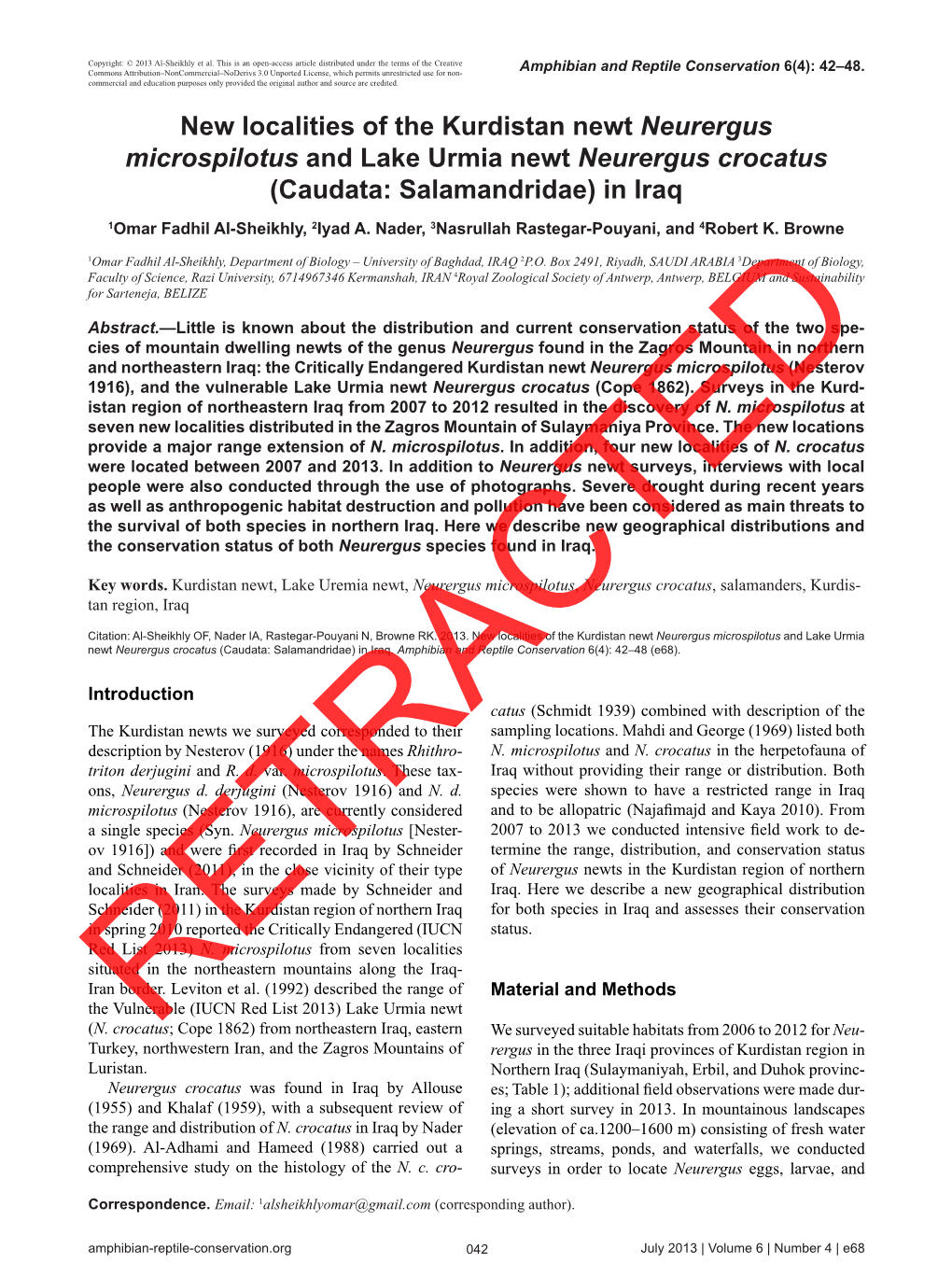 (Caudata: Salamandridae) in Iraq 1Omar Fadhil Al-Sheikhly, 2Iyad A