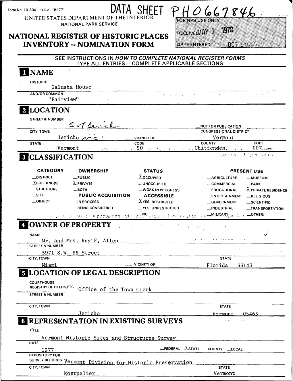 National Register of Historic Places Inventory Nomination Form: Galusha House