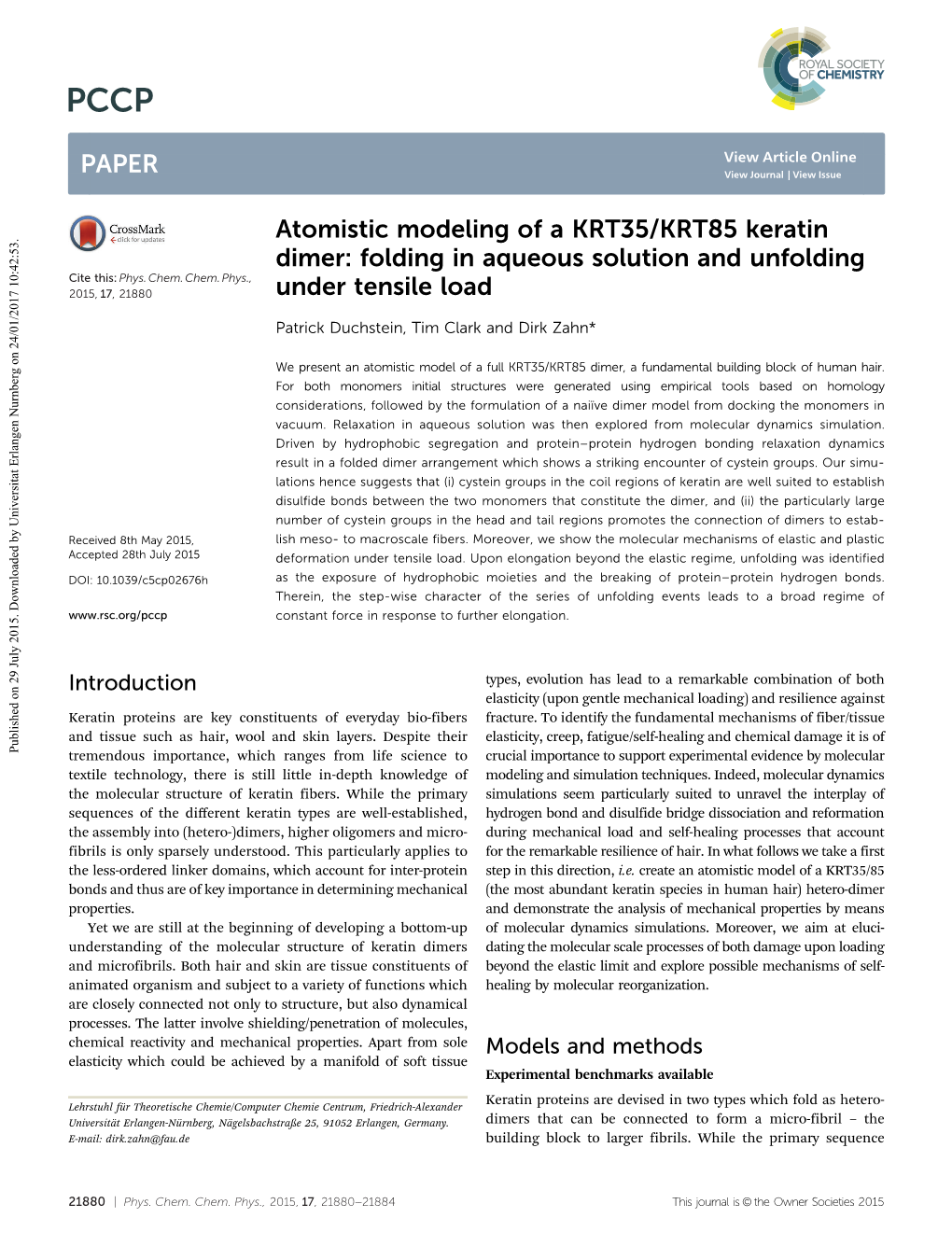 Atomistic Modeling of a KRT35/KRT85 Keratin Dimer: Folding in Aqueous Solution and Unfolding Cite This: Phys