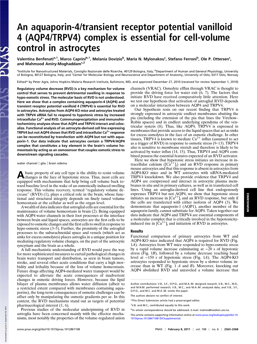 An Aquaporin-4/Transient Receptor Potential Vanilloid 4 (AQP4/TRPV4) Complex Is Essential for Cell-Volume Control in Astrocytes