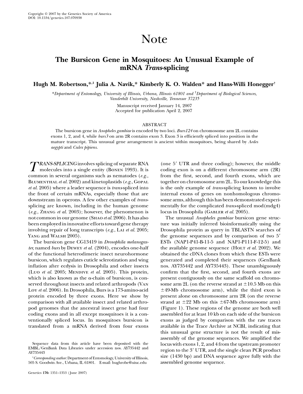 The Bursicon Gene in Mosquitoes: an Unusual Example of Mrna Trans-Splicing