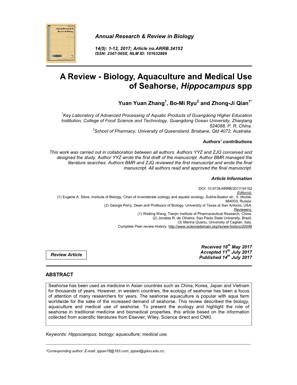 Biology, Aquaculture and Medical Use of Seahorse, Hippocampus Spp