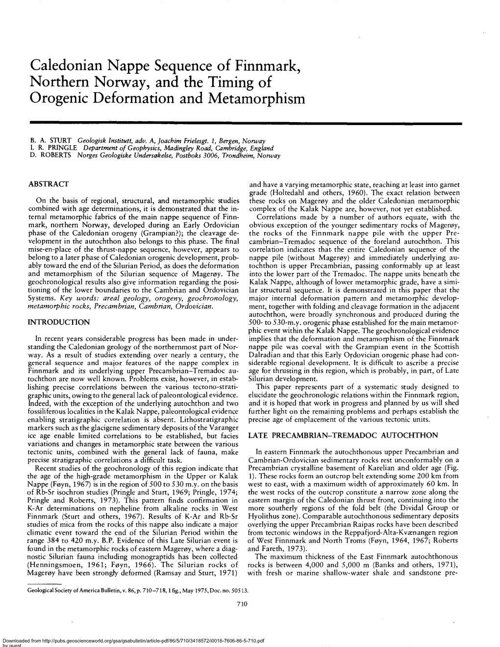 Caledonian Nappe Sequence of Finnmark, Northern Norway, and the Timing of Orogenic Deformation and Metamorphism