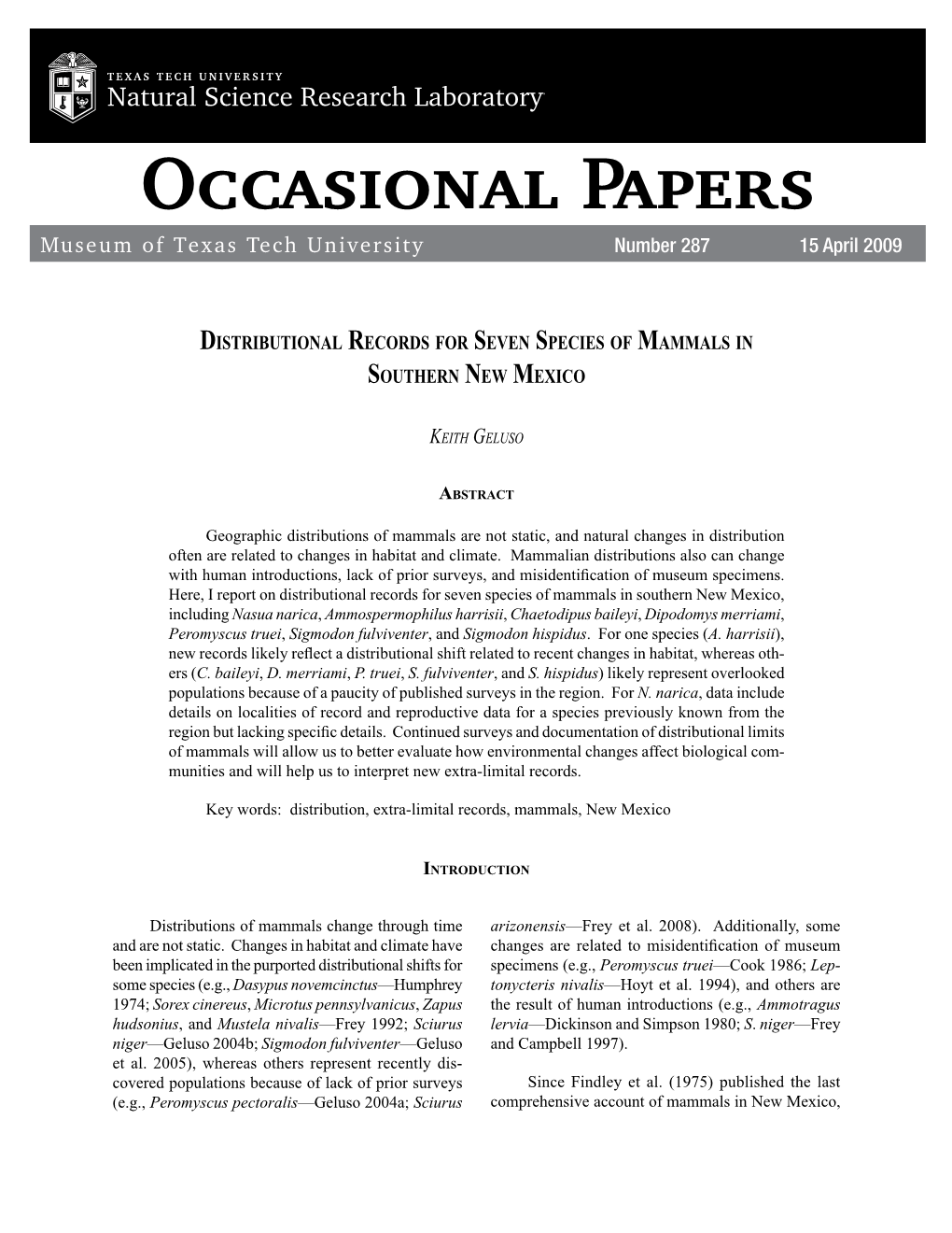 Distributional Records for Seven Species of Mammals in Southern New Mexico