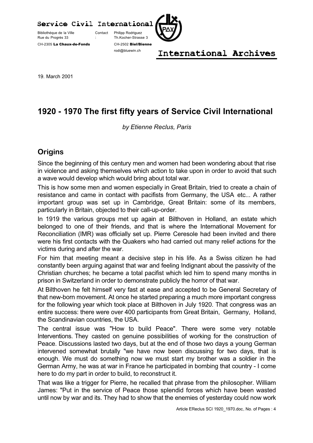 1920 - 1970 the First Fifty Years of Service Civil International