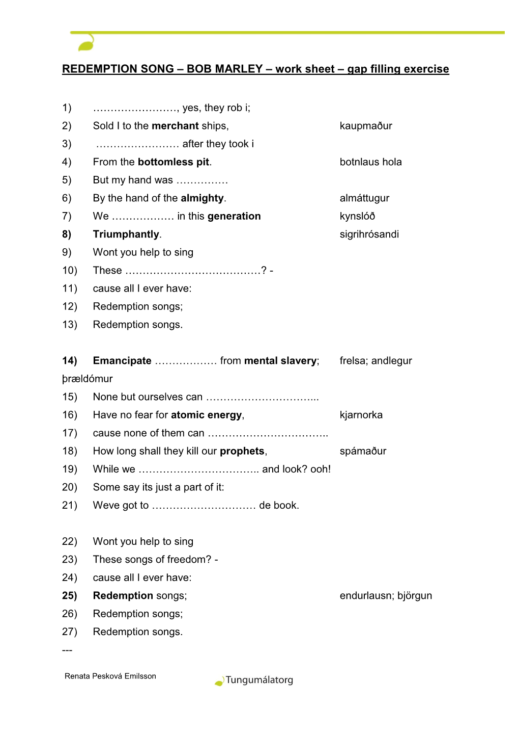 REDEMPTION SONG – BOB MARLEY – Work Sheet – Gap Filling Exercise