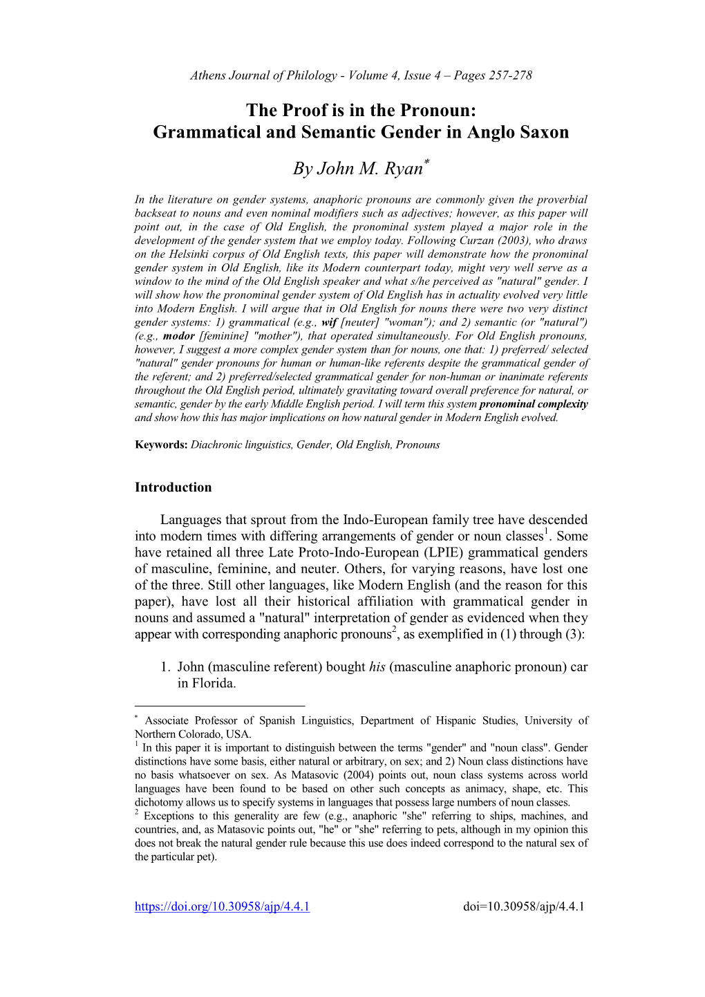 The Proof Is in the Pronoun: Grammatical and Semantic Gender in Anglo Saxon