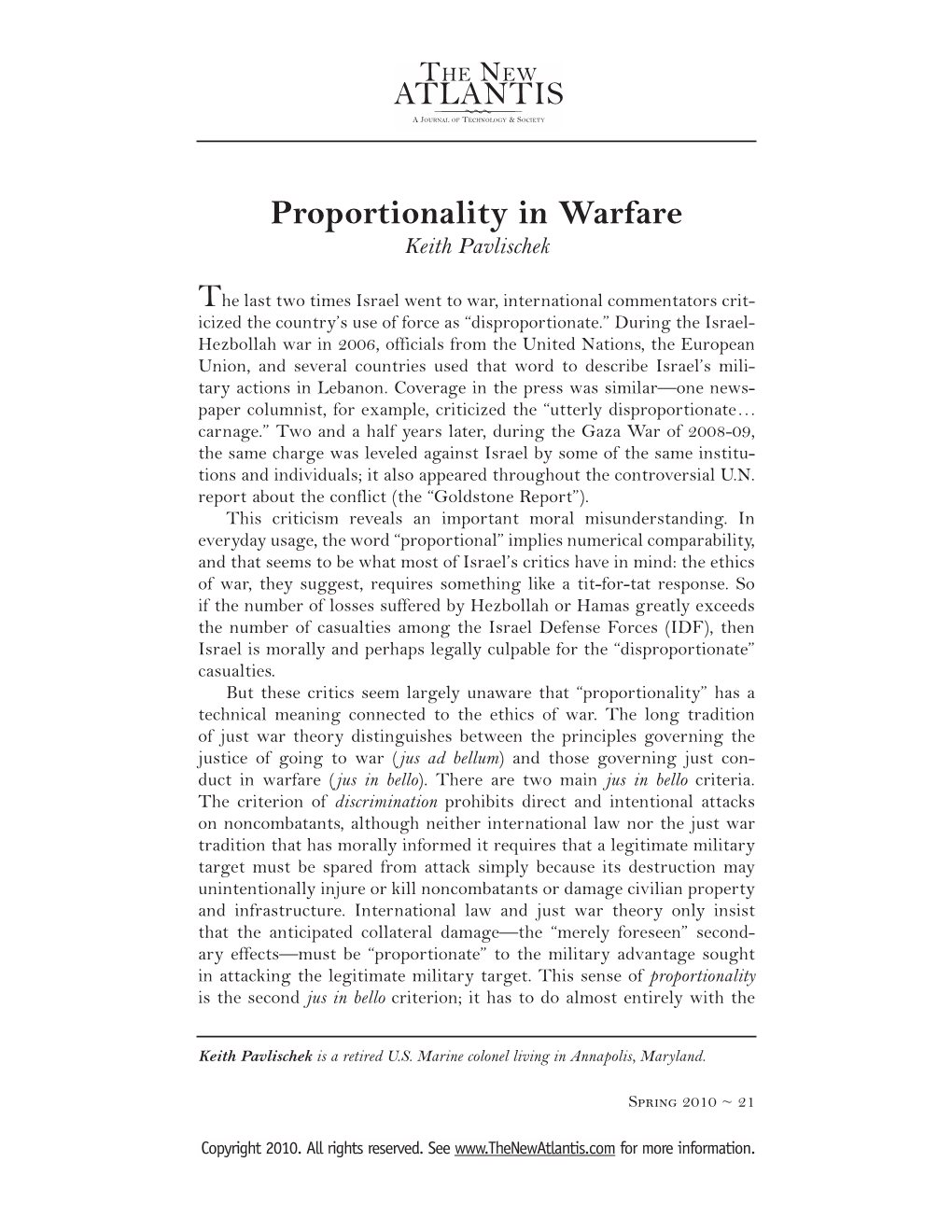 Proportionality in Warfare Keith Pavlischek