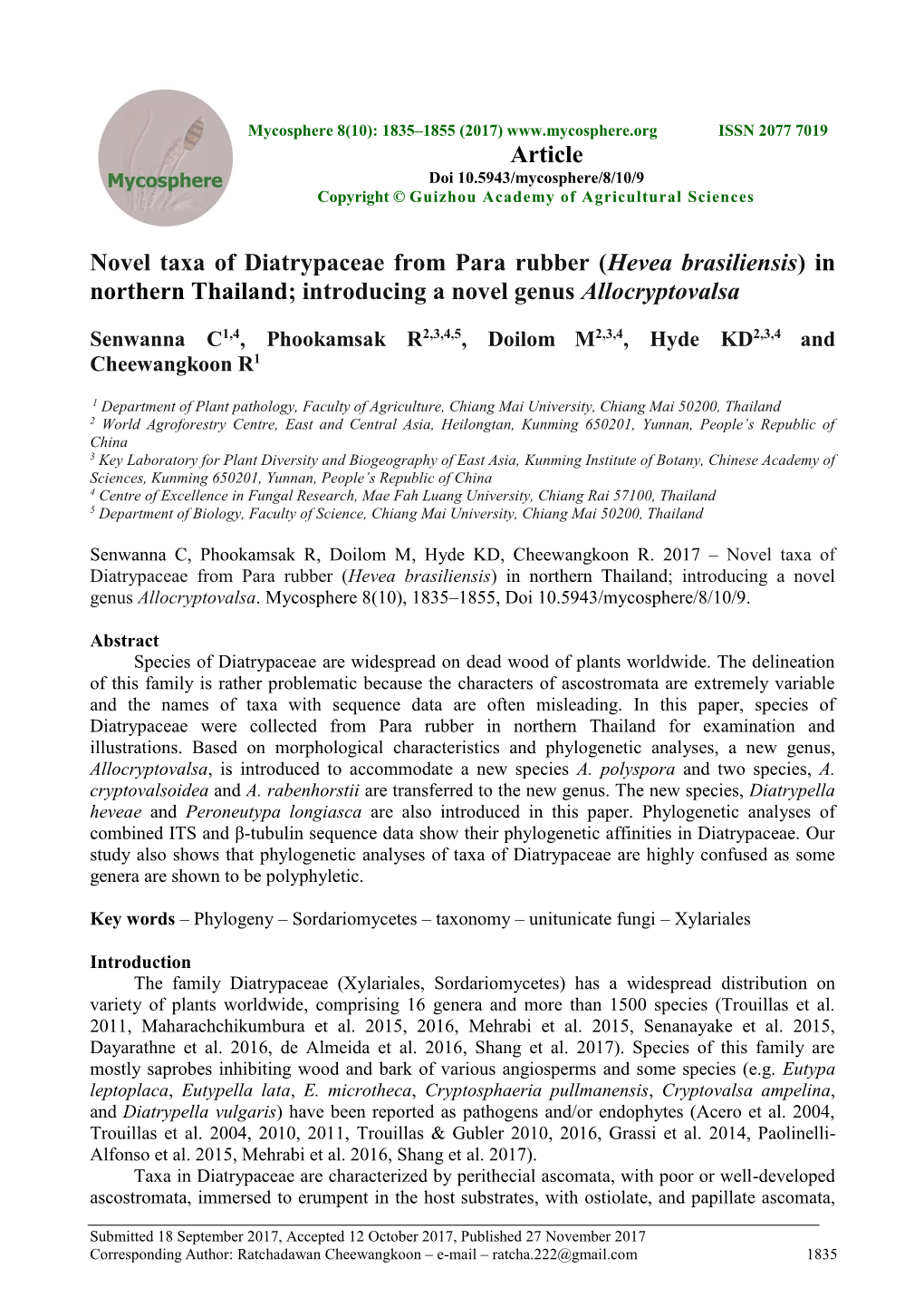 Novel Taxa of Diatrypaceae from Para Rubber (Hevea Brasiliensis) in Northern Thailand; Introducing a Novel Genus Allocryptovalsa