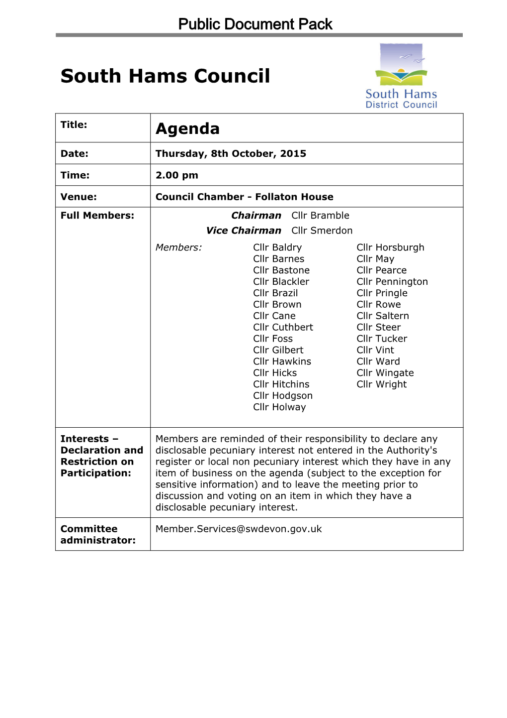 (Public Pack)Agenda Document for South Hams Council, 08/10/2015