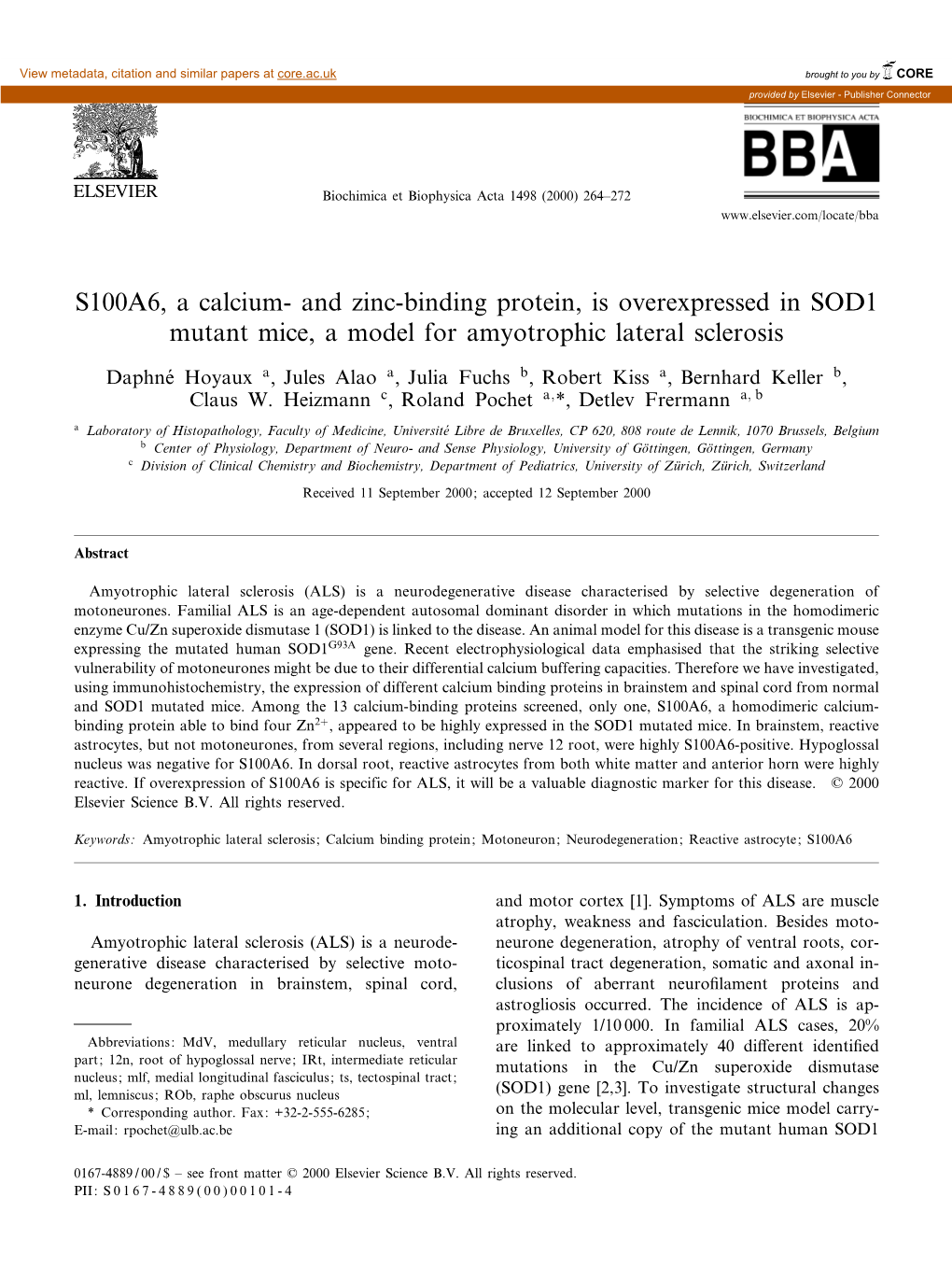 S100A6, a Calcium- and Zinc-Binding Protein, Is Overexpressed in SOD1 Mutant Mice, a Model for Amyotrophic Lateral Sclerosis