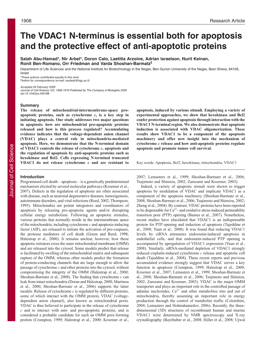 The VDAC1 N-Terminus Is Essential Both for Apoptosis and the Protective Effect of Anti-Apoptotic Proteins