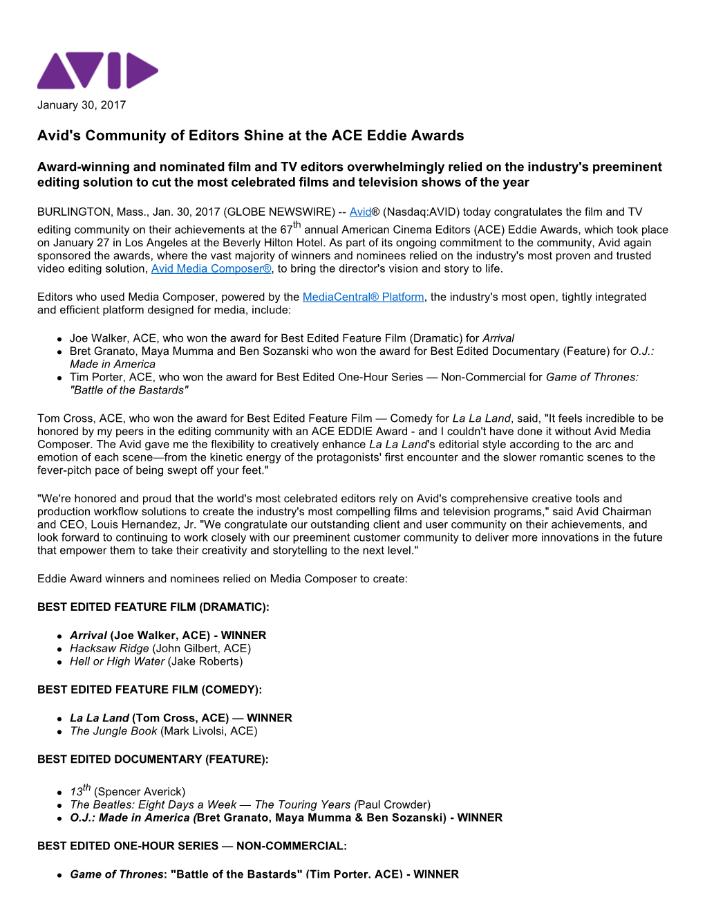 Avid's Community of Editors Shine at the ACE Eddie Awards