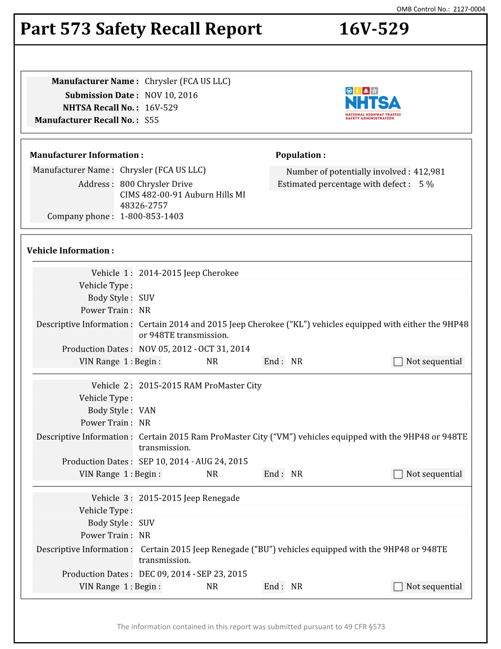 Part 573 Safety Recall Report 16V-529