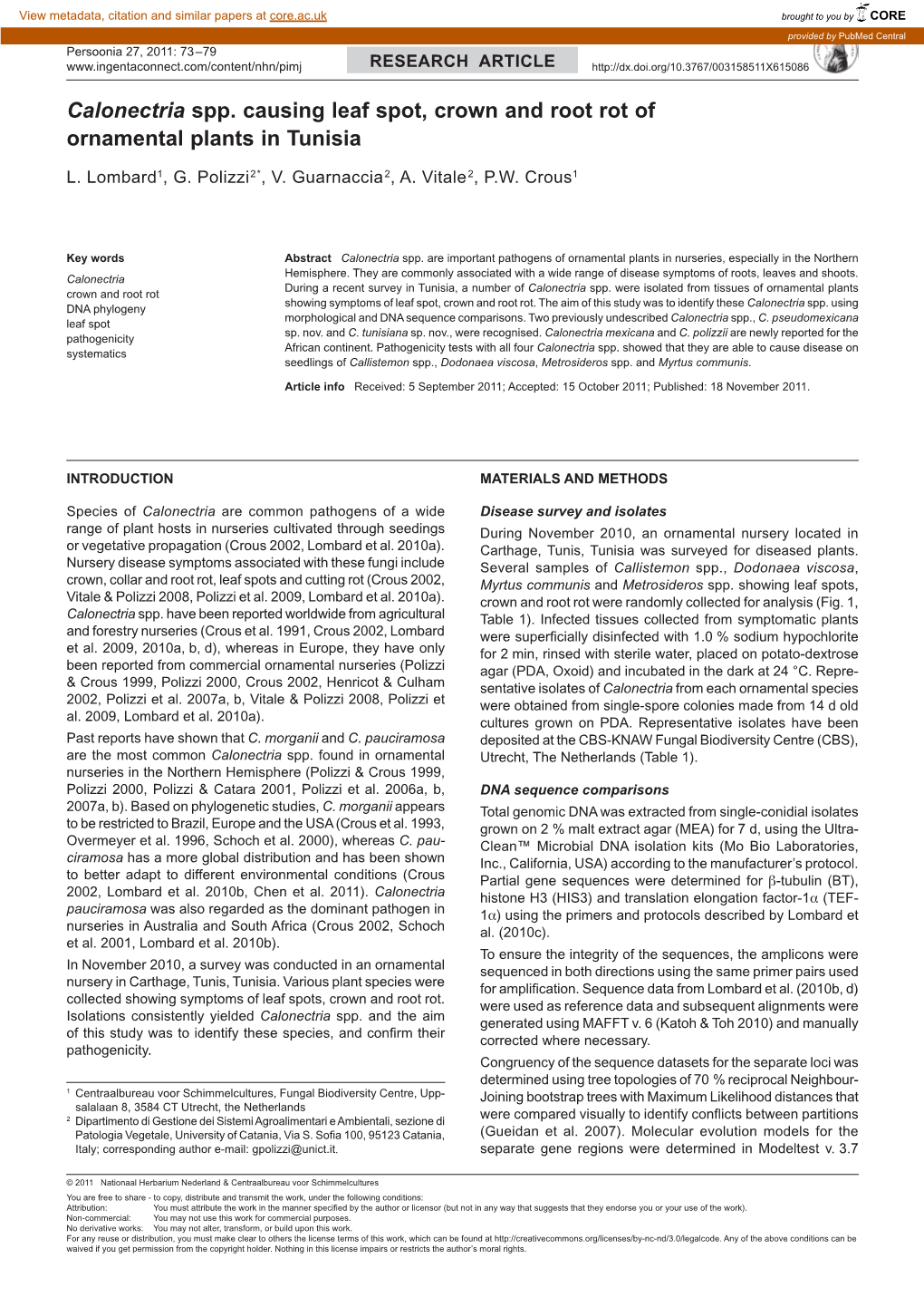 Calonectria Spp. Causing Leaf Spot, Crown and Root Rot of Ornamental Plants in Tunisia