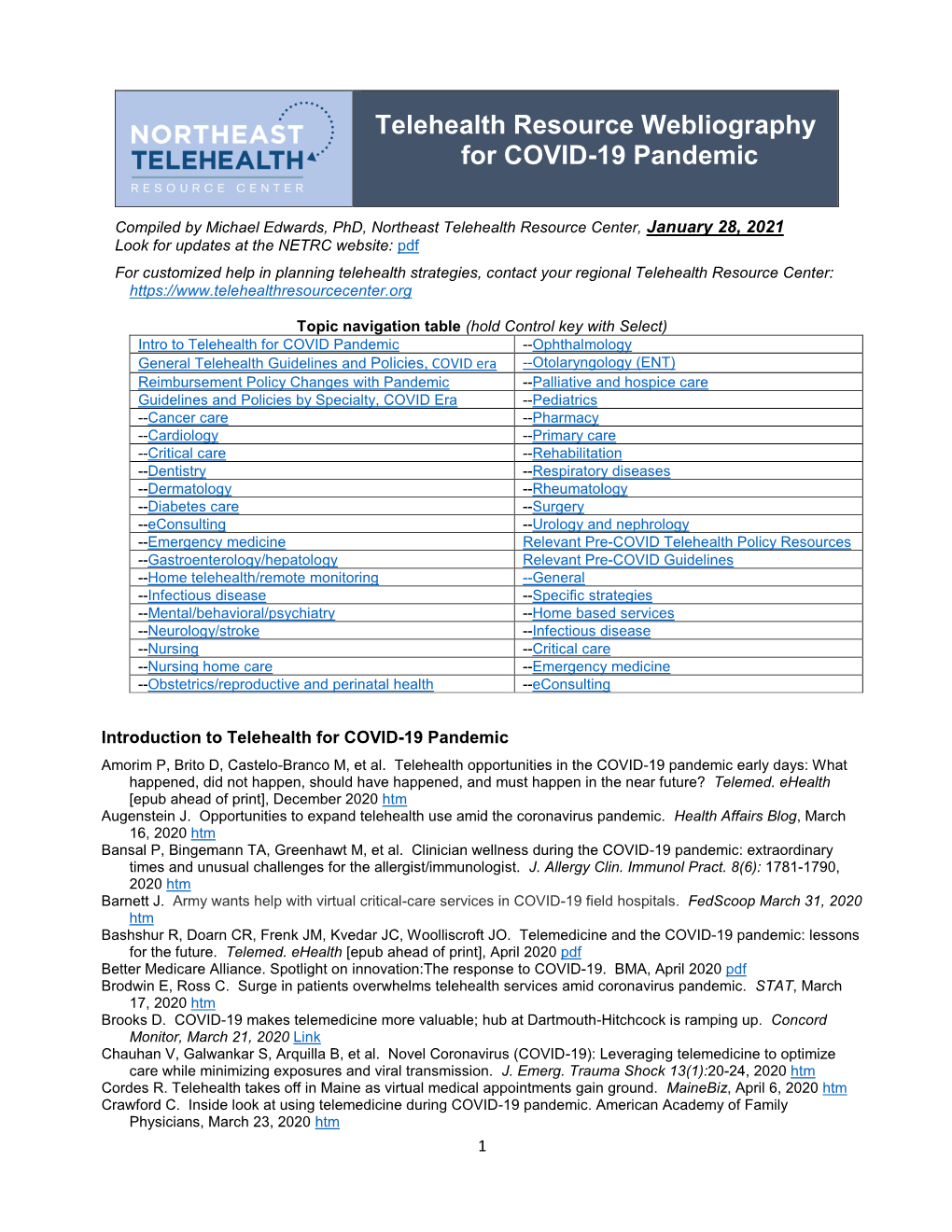 Telehealth Resource Webliography for COVID-19 Pandemic