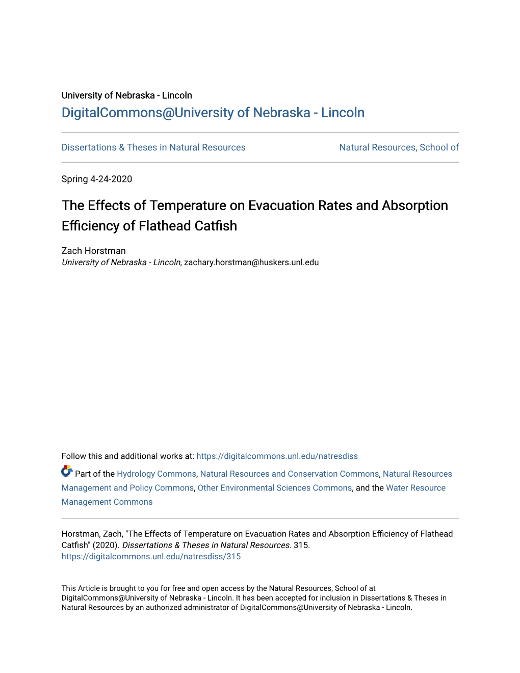 The Effects of Temperature on Evacuation Rates and Absorption Efficiency of Flathead Catfish