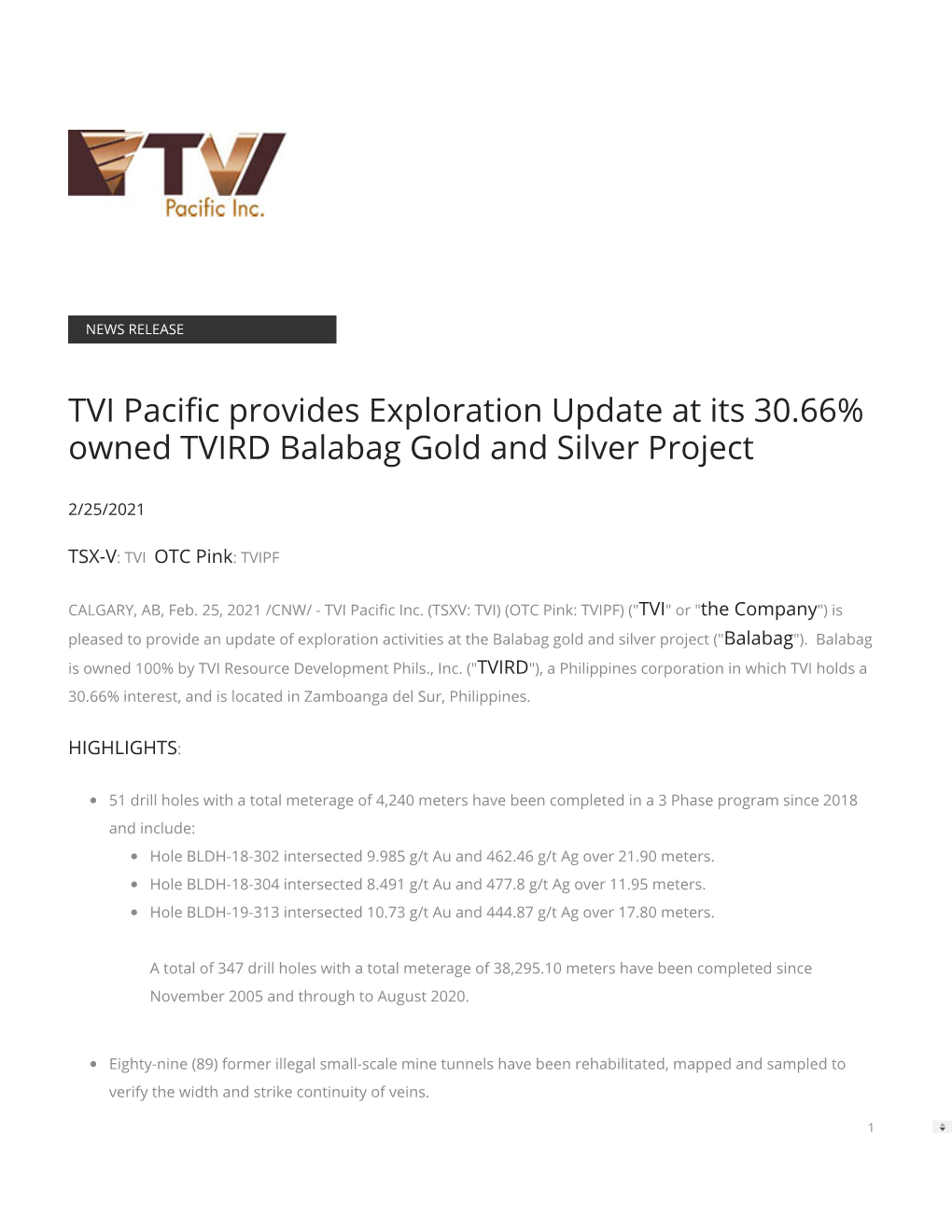 TVI Paci C Provides Exploration Update at Its 30.66% Owned TVIRD