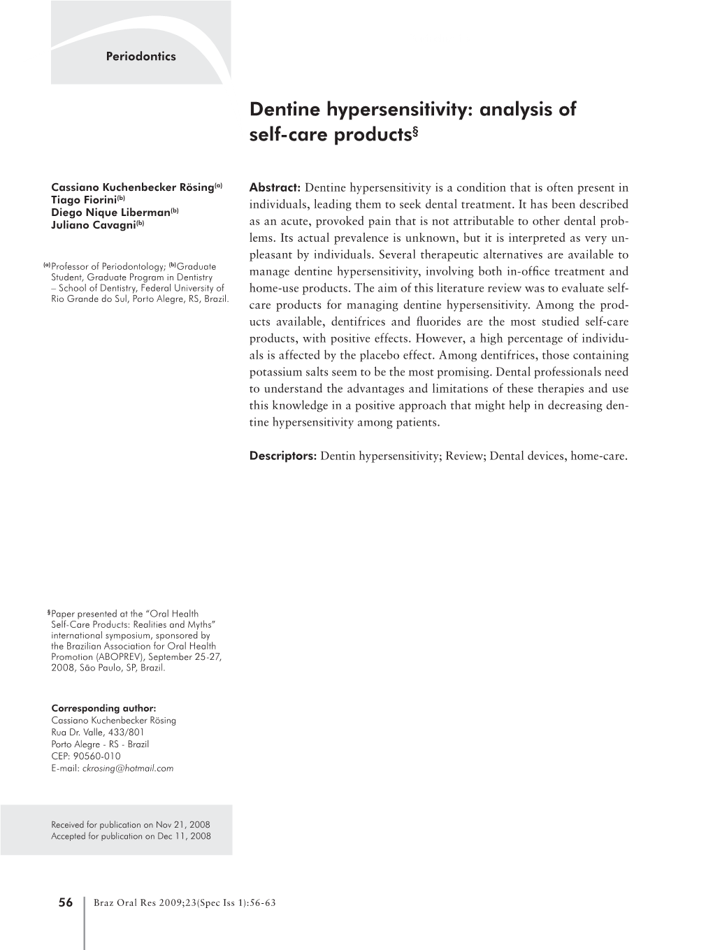 Dentine Hypersensitivity: Analysis of Self-Care Products§