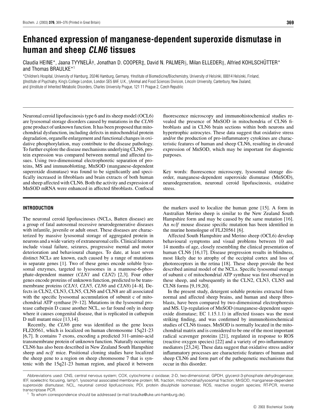 Enhanced Expression of Manganese-Dependent Superoxide Dismutase in Human and Sheep CLN6 Tissues