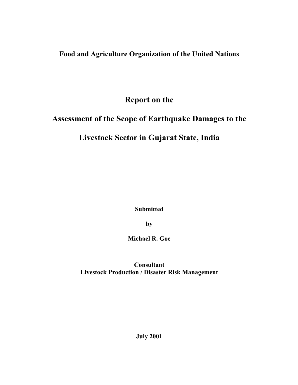 Report on the Assessment of the Scope of Earthquake Damages to the Livestock Sector in Gujarat State, India