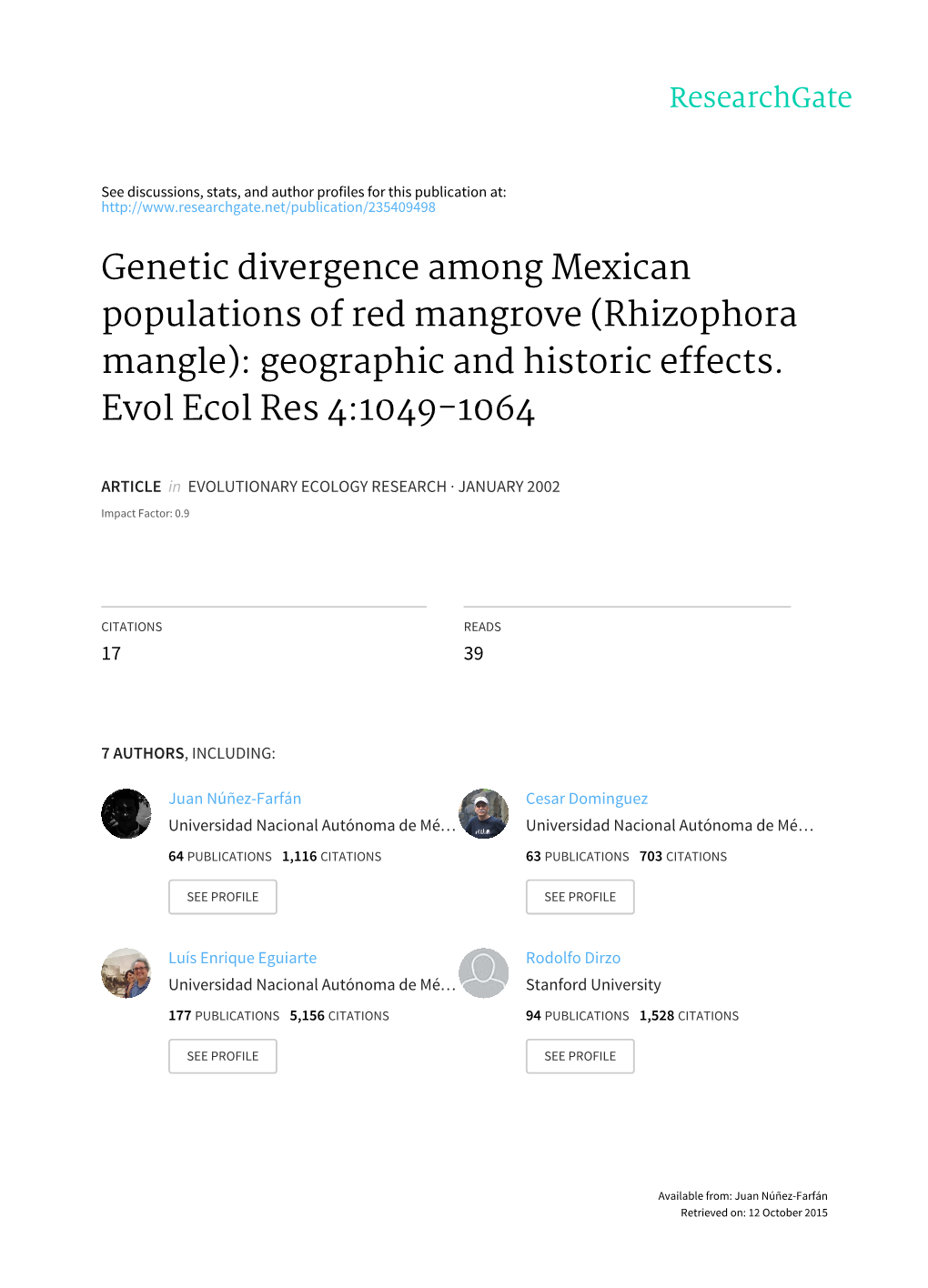 Rhizophora Mangle): Geographic and Historic Effects