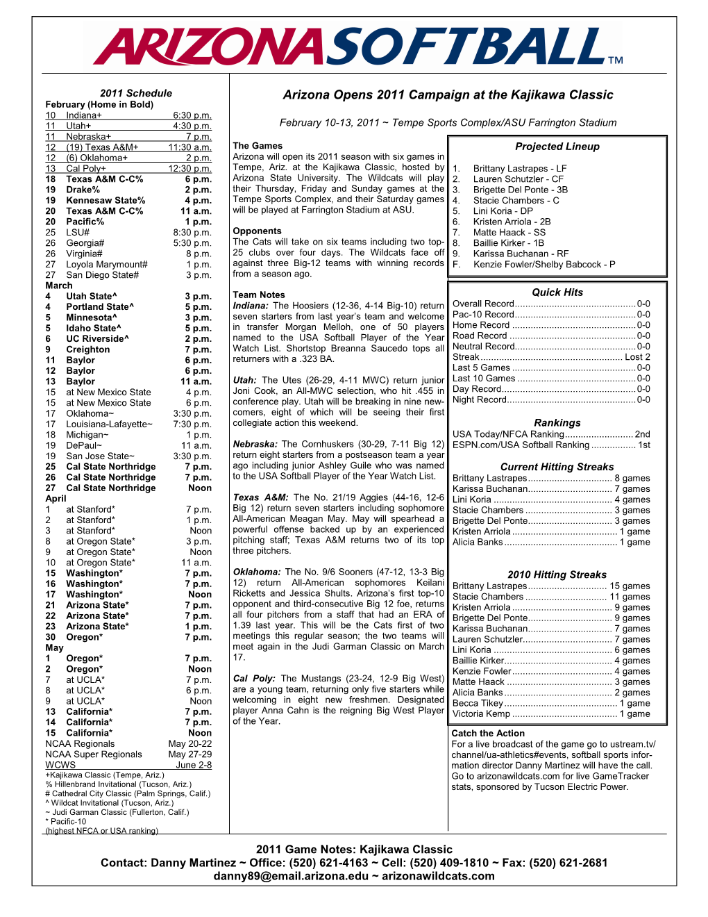 Arizona Opens 2011 Cam Paign at the Kajikawa Classic February (Home in Bold) 10 Indiana+ 6:30 P.M