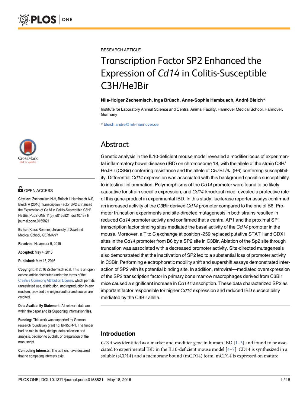 Transcription Factor SP2 Enhanced the Expression of Cd14 in Colitis-Susceptible C3H/Hejbir