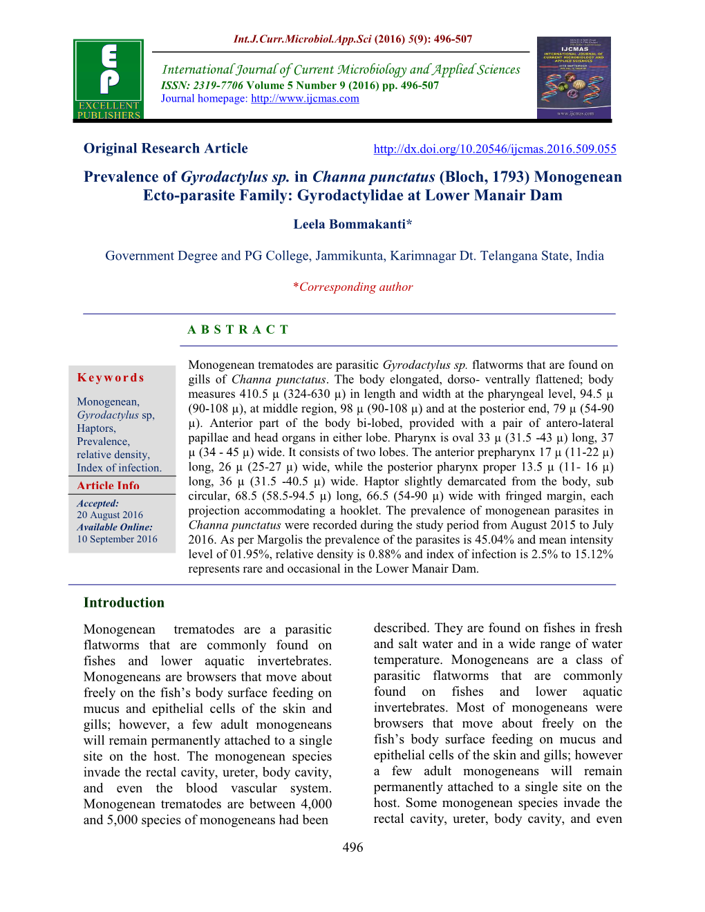 Prevalence of Gyrodactylus Sp. in Channa Punctatus (Bloch, 1793) Monogenean Ecto-Parasite Family: Gyrodactylidae at Lower Manair Dam