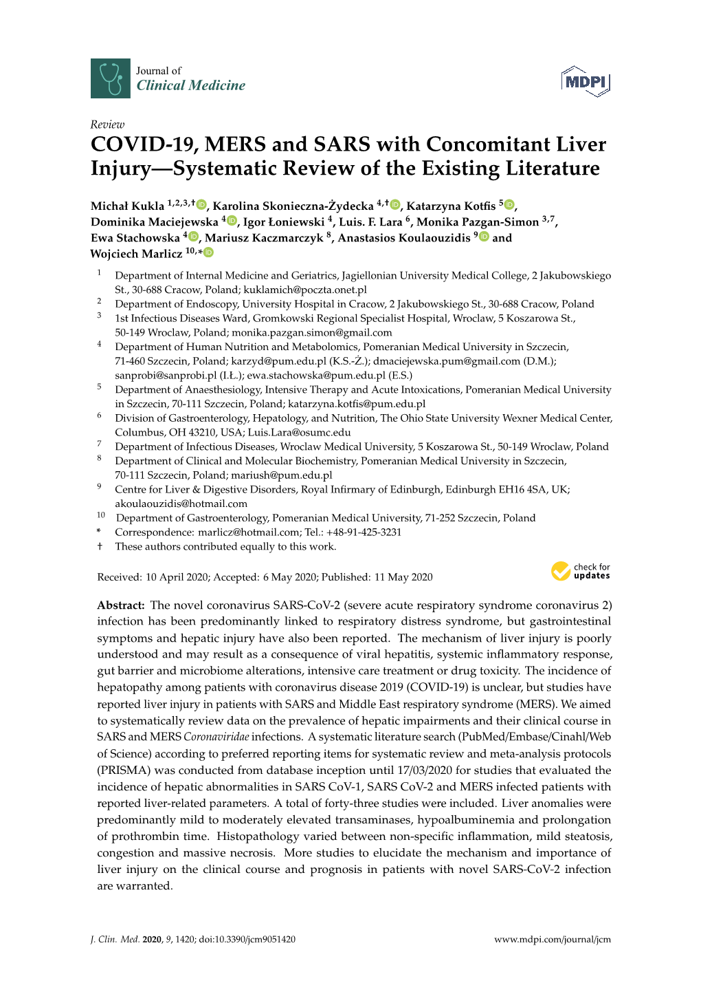 COVID-19, MERS and SARS with Concomitant Liver Injury—Systematic Review of the Existing Literature