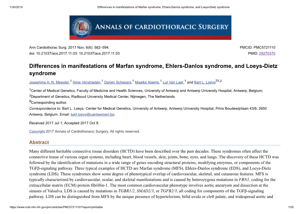 Differences in Manifestations of Marfan Syndrome, Ehlers-Danlos Syndrome, and Loeys-Dietz Syndrome