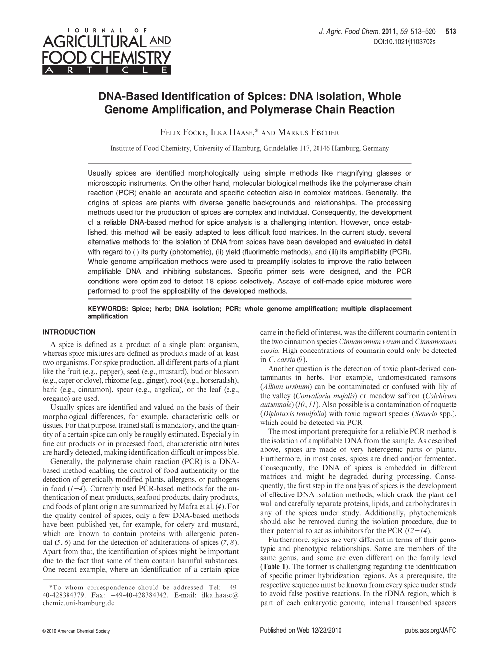 DNA-Based Identification of Spices: DNA Isolation, Whole Genome Amplification, and Polymerase Chain Reaction