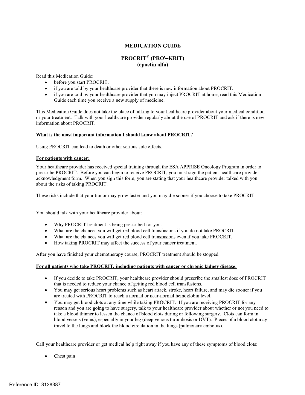 MEDICATION GUIDE PROCRIT® (PRO′−KRIT) (Epoetin Alfa)