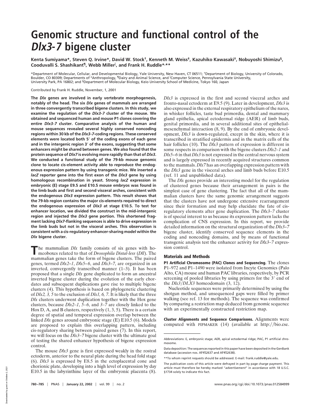 Genomic Structure and Functional Control of the Dlx3-7 Bigene Cluster
