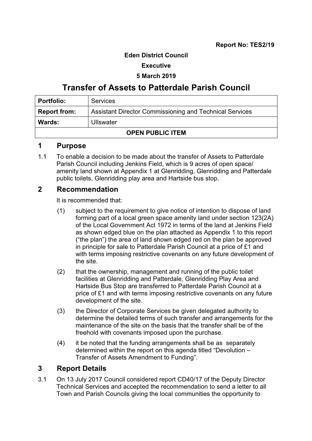 Transfer of Assets to Patterdale Parish Council