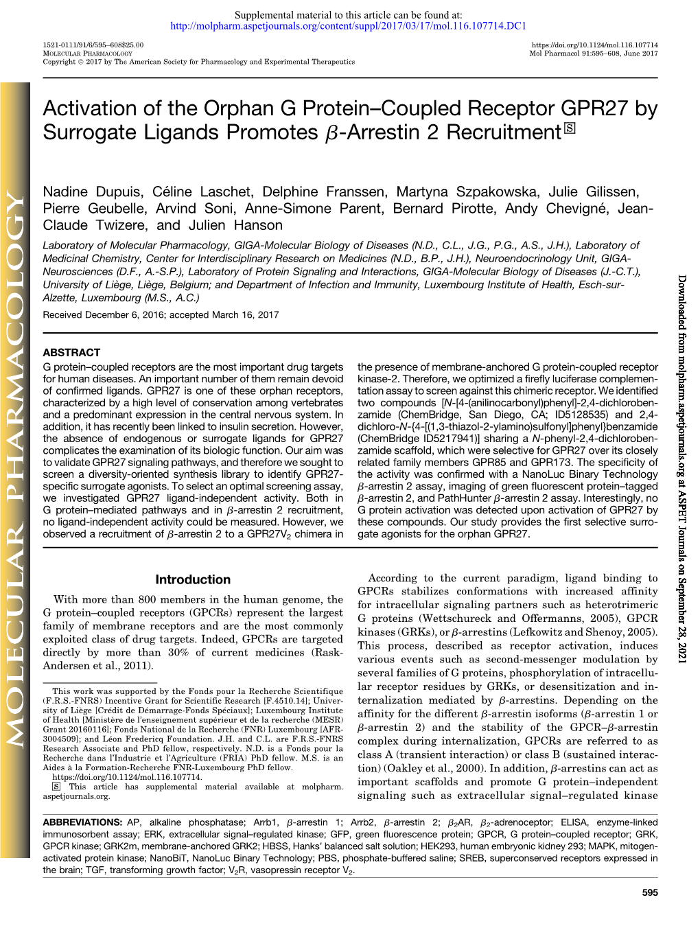 Activation of the Orphan G Protein–Coupled Receptor GPR27 by Surrogate Ligands Promotes B-Arrestin 2 Recruitment S