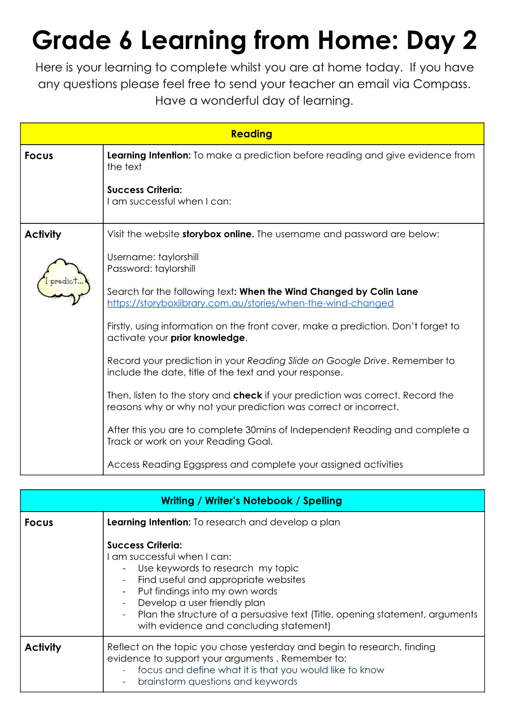 Grade 6 Learning from Home: Day 2 Here Is Your Learning to Complete Whilst You Are at Home Today