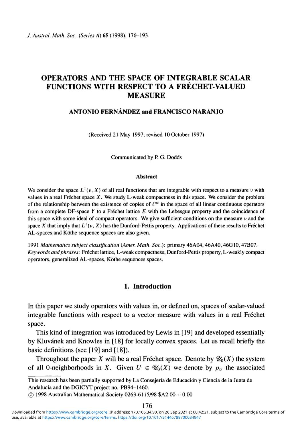 Operators and the Space of Integrable Scalar Functions with Respect to a Frechet-Valued Measure