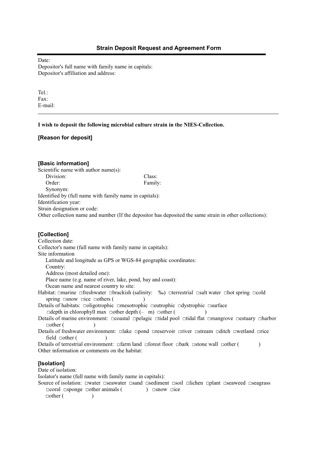 Strain Deposit Request and Agreement Form