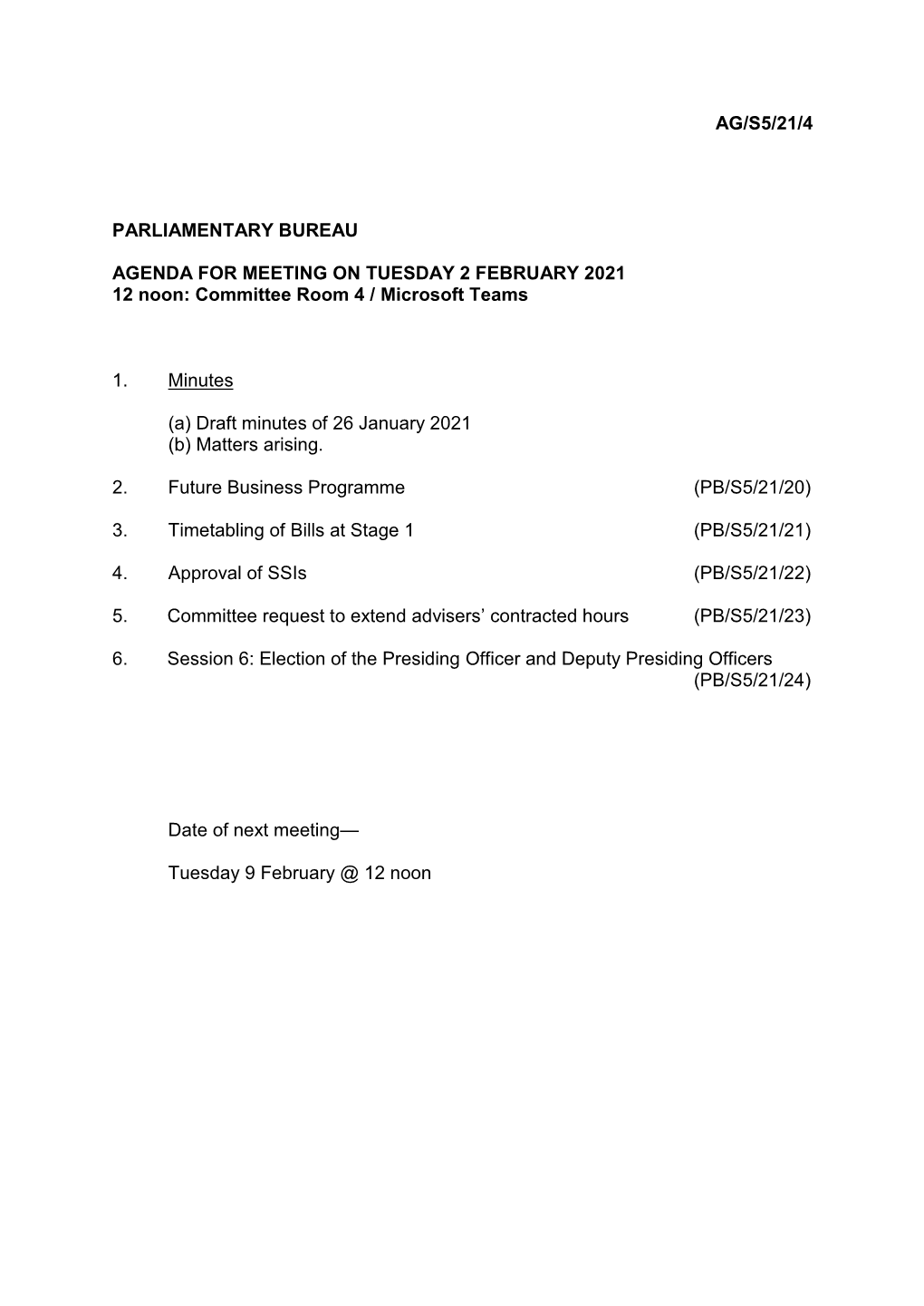 Ag/S5/21/4 Parliamentary Bureau Agenda for Meeting