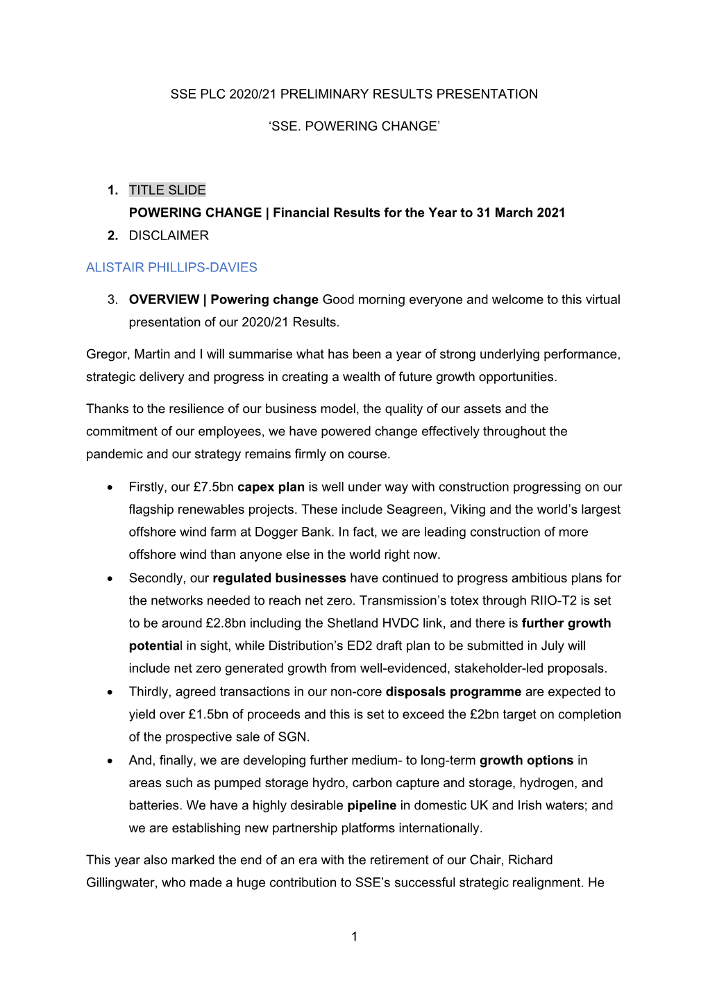 1 Sse Plc 2020/21 Preliminary Results Presentation 'Sse