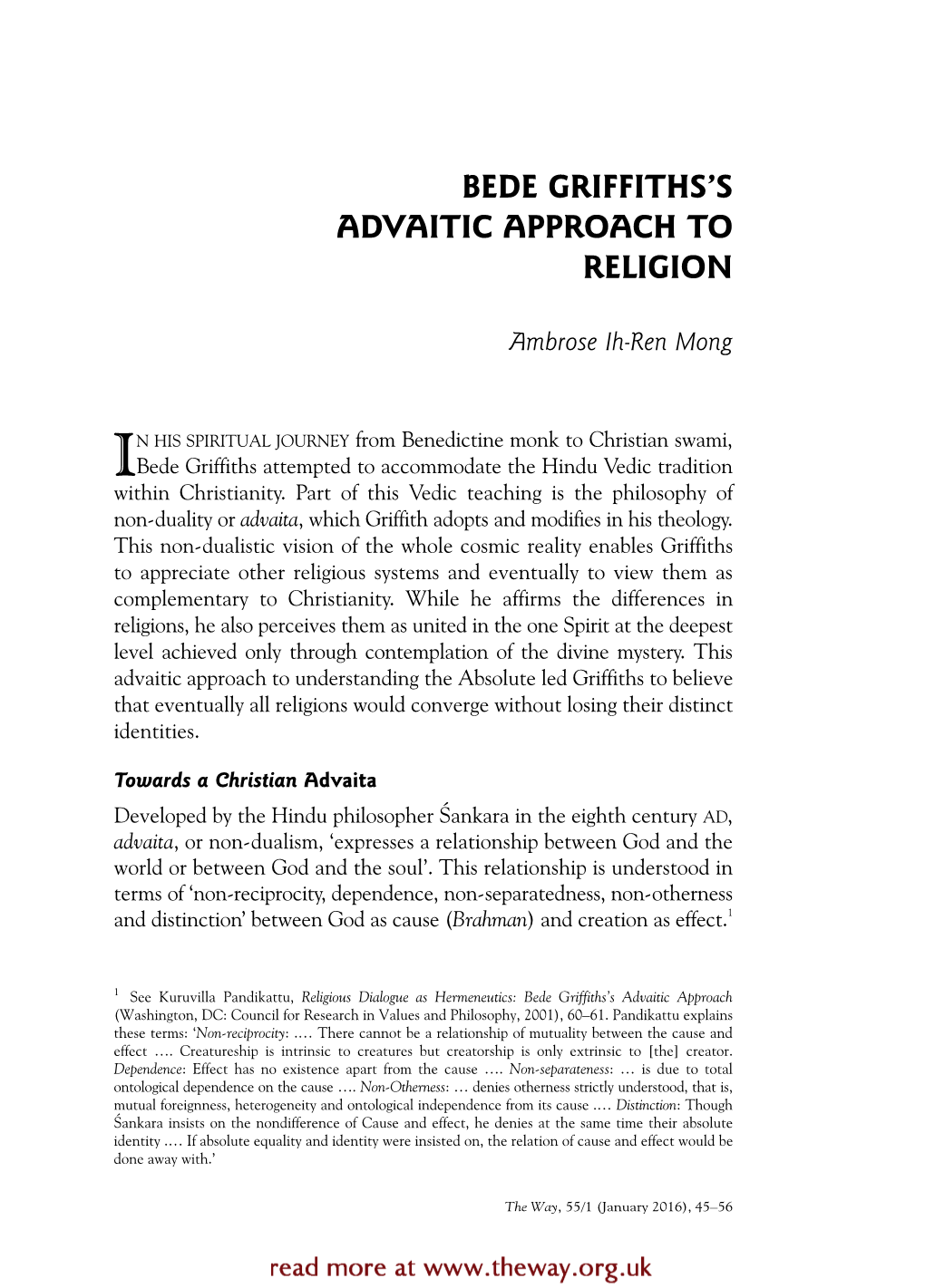 Bede Griffiths's Advaitic Approach to Religion