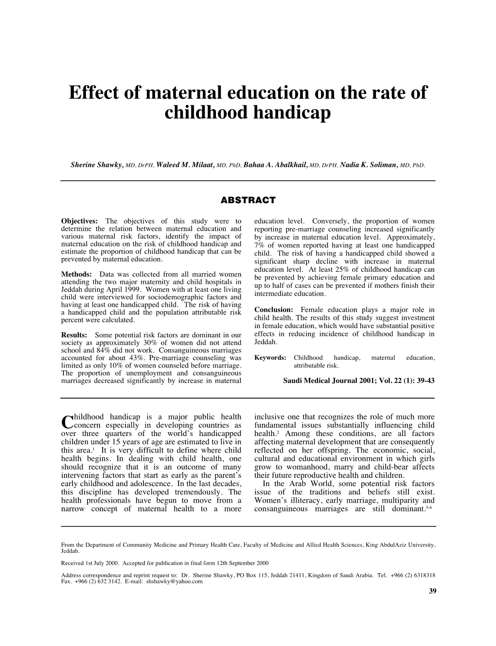 Effect of Maternal Education on the Rate of Childhood Handicap